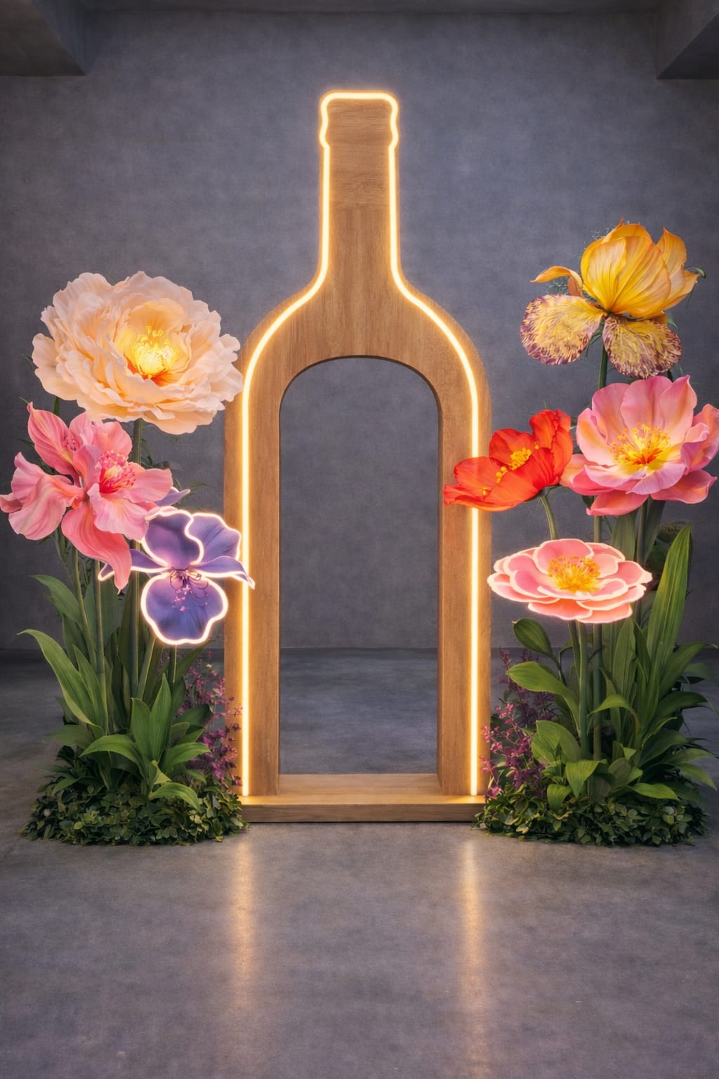 Illuminated brand activation arch built from oversized peonies and orchids