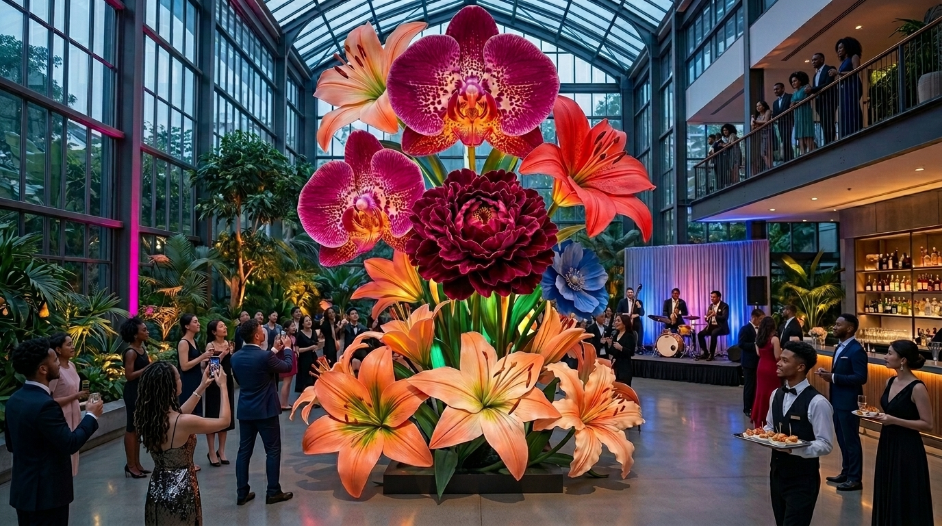 Towering orchid and lily centrepiece inside a glass atrium event
