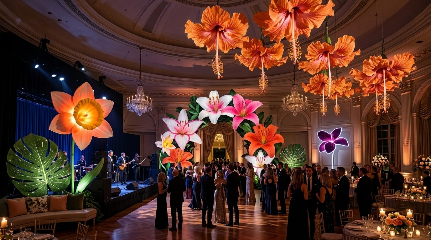 Hibiscus and lily installation suspended over a ballroom event