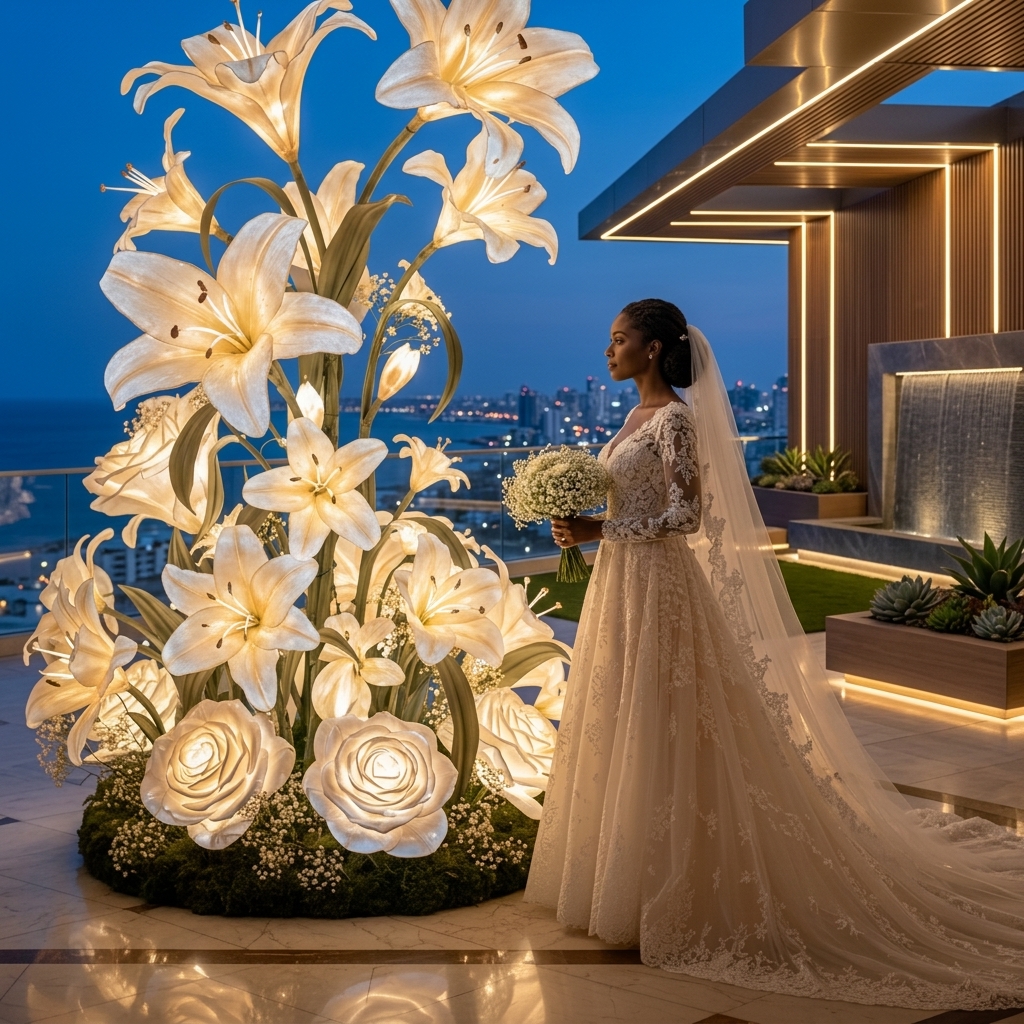 A bride beside a tower of illuminated white lily and rose blooms on a clifftop terrace at dusk — Dreamlike Luxury