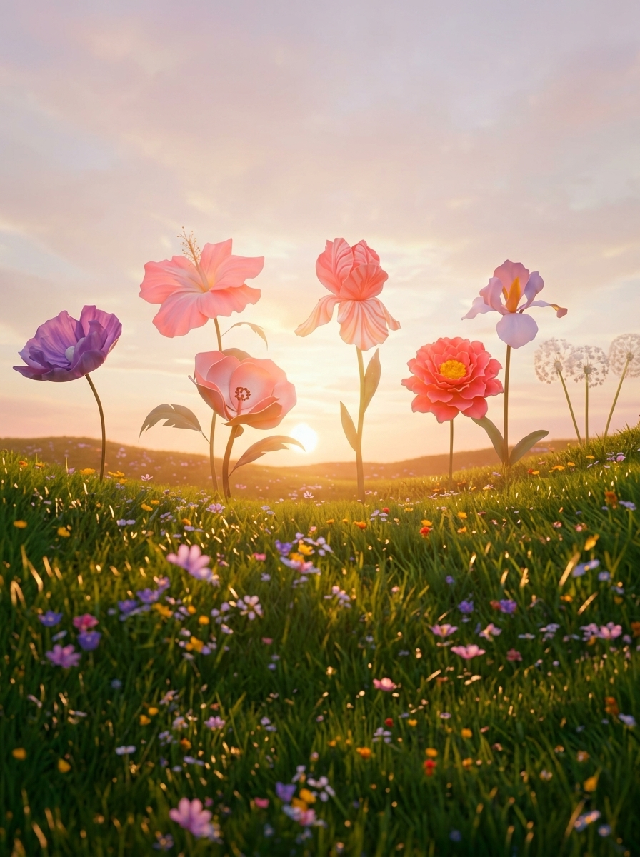 Pastel oversized blooms rising from a wildflower meadow at sunset