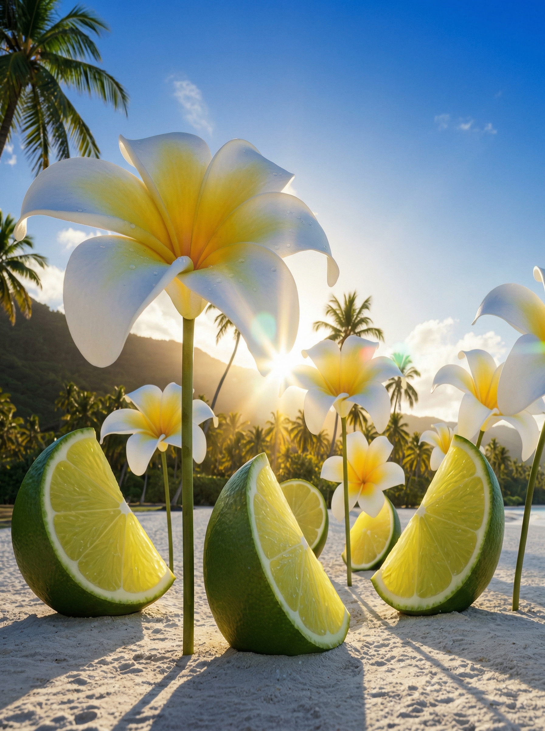 Plumeria flowers and citrus halves on a sunlit beach with palm trees — Tropical Paradise collection
