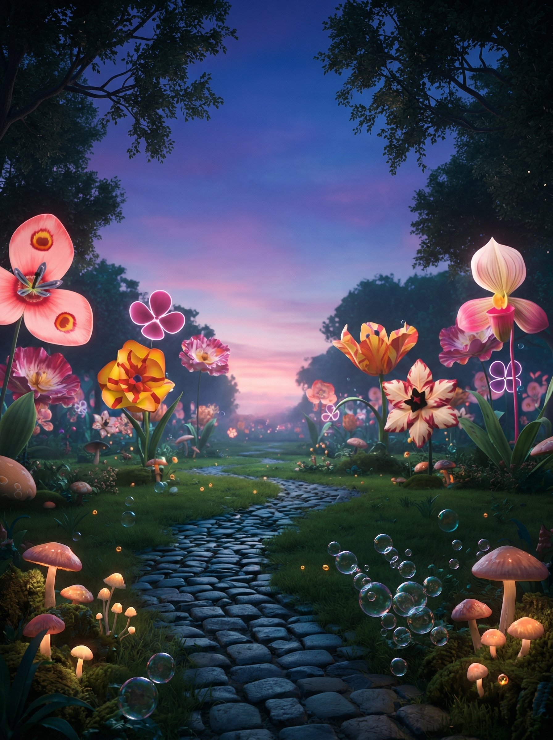 Guests walking into an immersive forest of giant blooms at twilight