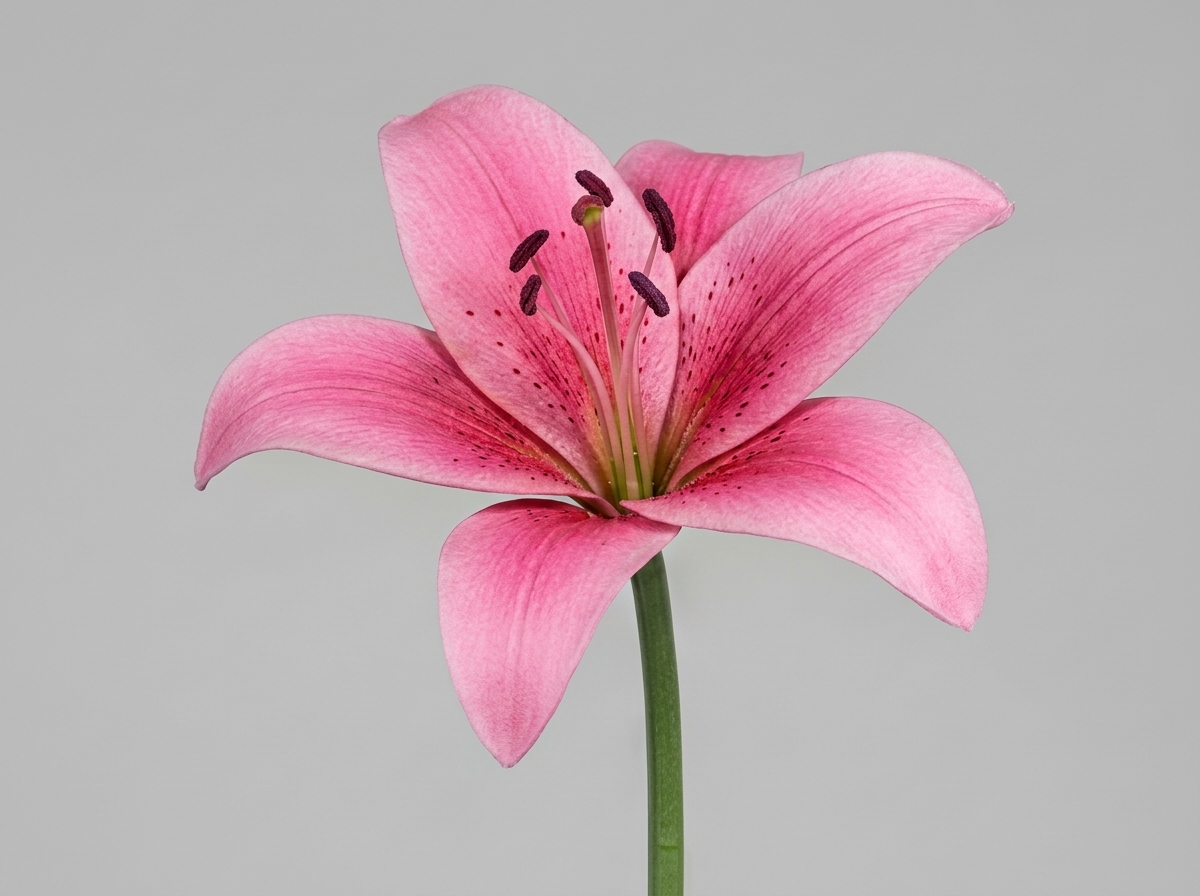 Sculptural pink lily bloom in studio lighting against a soft grey backdrop